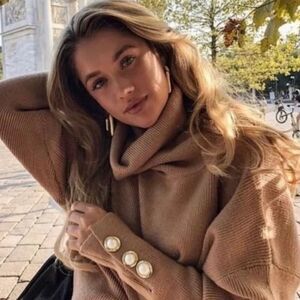 Zara Camel Turtleneck Cowl Neck Sweater w/ Faux Pearl Buttons